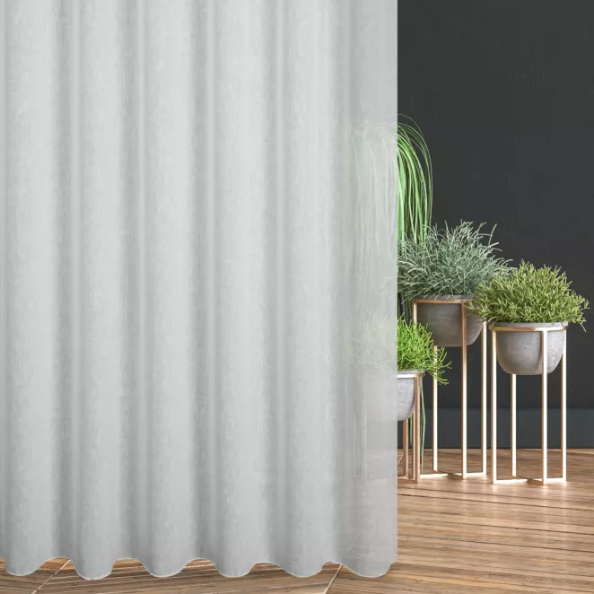 Firana szyta na taśmie fala biała z delikatnej w dotyku etaminy w stylu eko z efektem kreszowania, wykończona obciążnikiem