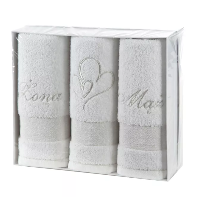 Zestaw ręczników bawełnianych na prezent 3 szt 50x90 cm kolor biały z haftem ŻONA MĄŻ