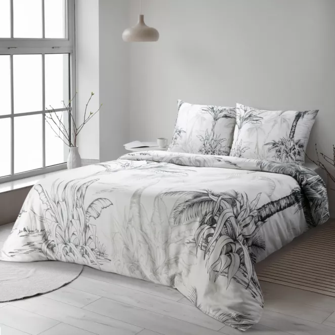 Pościel 140x200 cm komplet 2 częściowy satyna bawełniana kolor biało, beżowy zdobiony motywem roślinnym SPRING 104