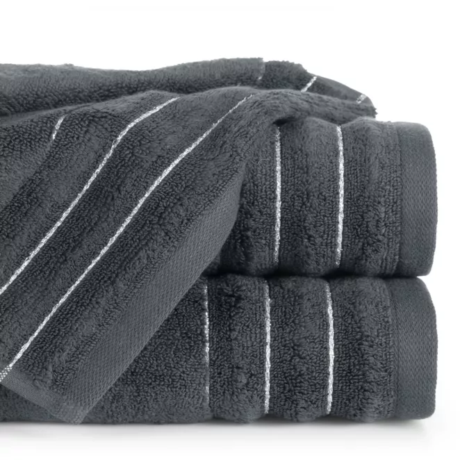 Ręcznik do rąk 30x50 cm bawełniany kolor stalowy zdobiony prążkami z błyszczącej nici 500 g/m2 LUNARI