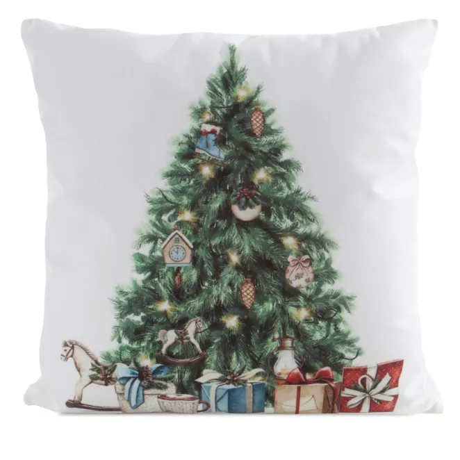 Poszewka na poduszkę 45x45 cm welwetowa biało, zielona zdobiona choinką świąteczną