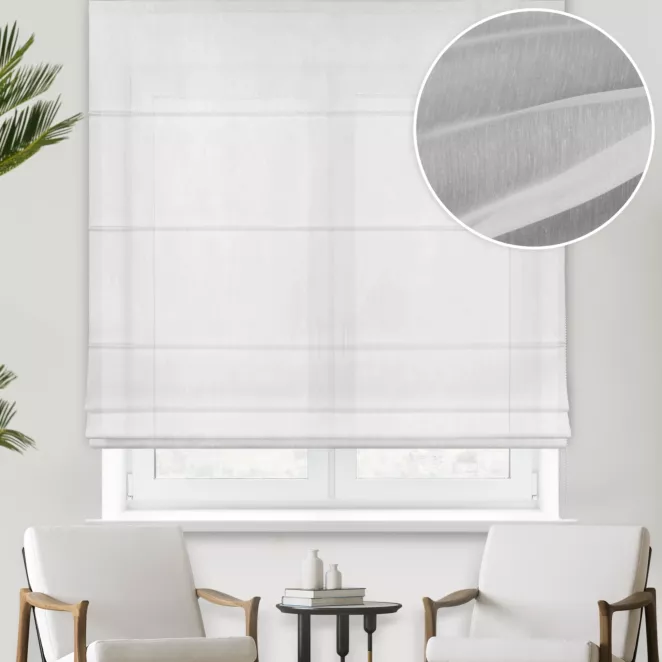 Roleta rzymska biała półprzezroczysta, matowa, o niestandardowej wysokości 360cm, z tkaniny typu batyst, wykończona obciążnikiem