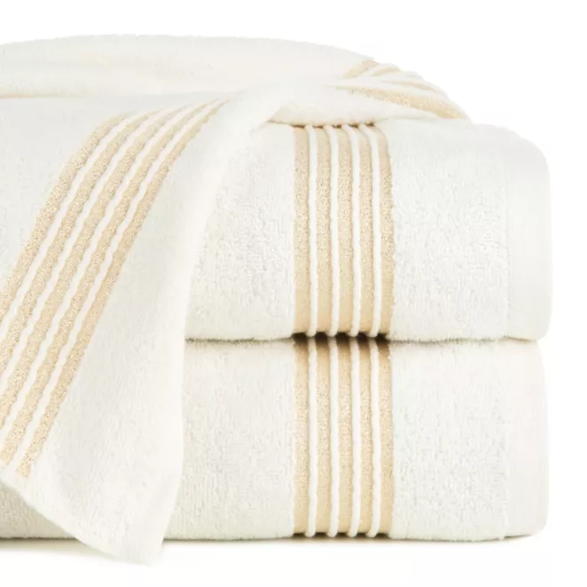 Ręcznik do rąk 30x50 cm bawełniany kolor jasnokremowy zdobiony paseczkami przeszywanymi błyszczącą nicią 500 g/m2 LILA