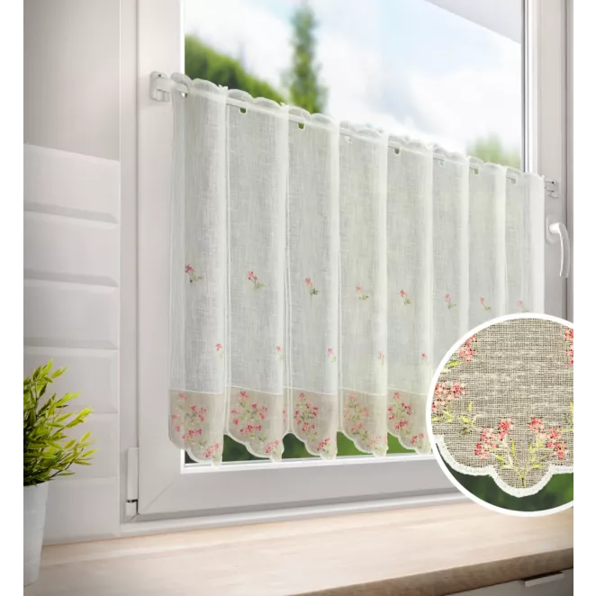 Tkanina firanowa zazdrostka z etaminy zdobiona haftem drobnych kwiatuszków