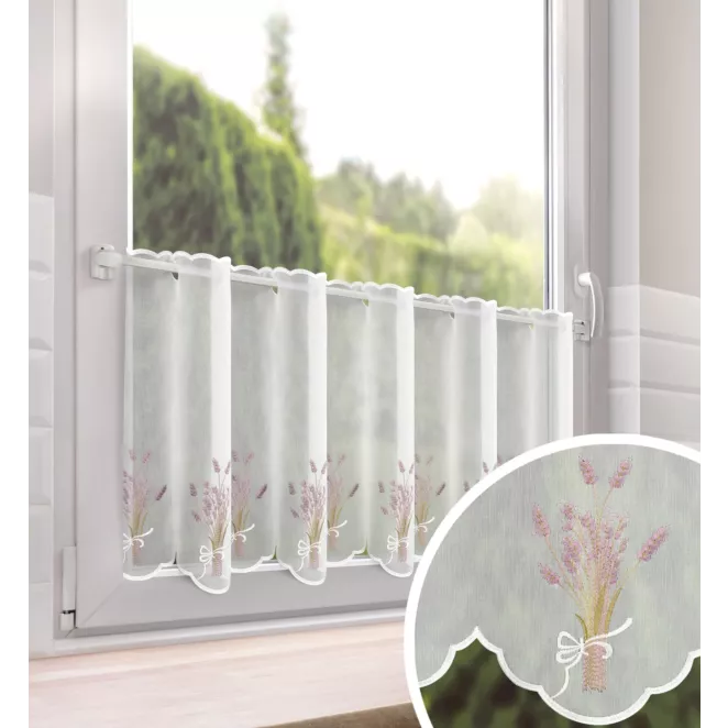 Tkanina firanowa zazdrostka z etaminy zdobiona haftem lawendy