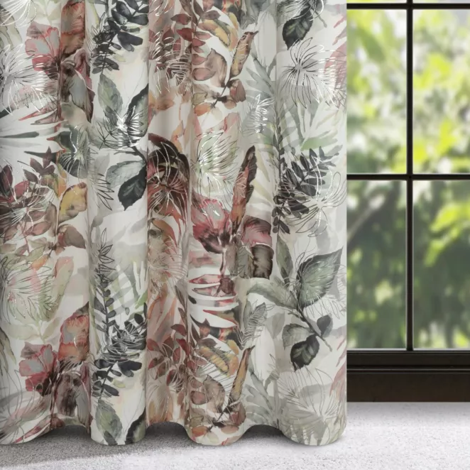 Zasłona biało, ruda z botanicznym nadrukiem z welwetu 140x270 cm taśma ARINA