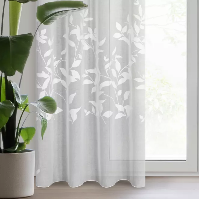 Firana biała z etaminy zdobiona motywem roślinnym 140x250 cm przelotka ESTELLA
