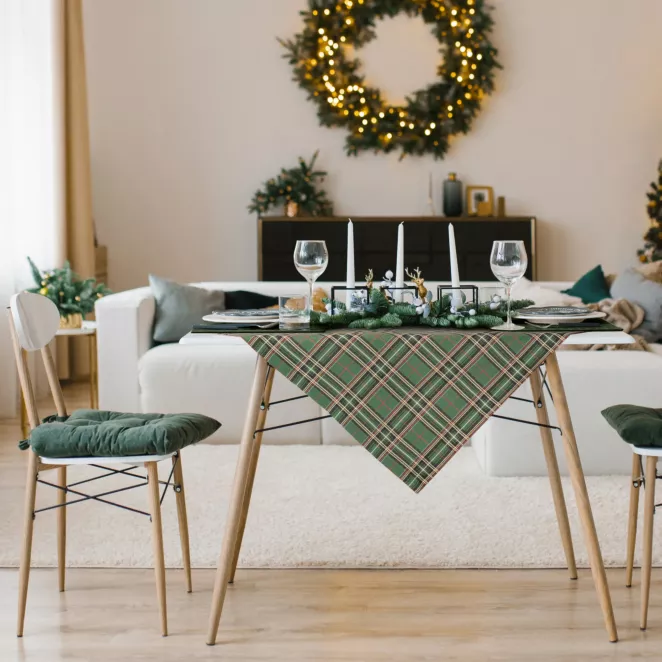Obrus na stół ciemnozielony 85x85 cm gobelinowy LOOK świąteczny w kratę