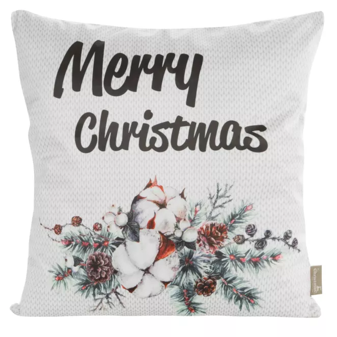 Poszewka na poduszkę 45x45 cm welwetowa, biało czarna ze świątecznym motywem SNOW
