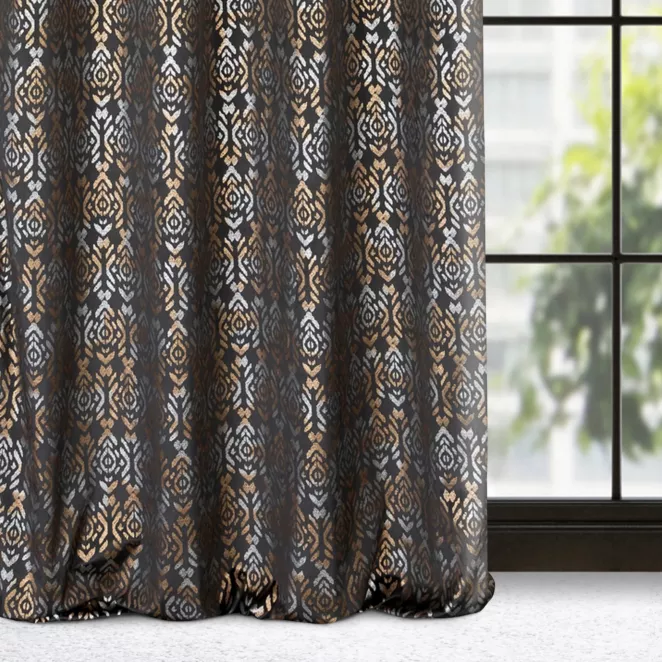 Zasłona czarno, złota ze złotym wzorem z welwetu 140x250 cm przelotka - LAURA