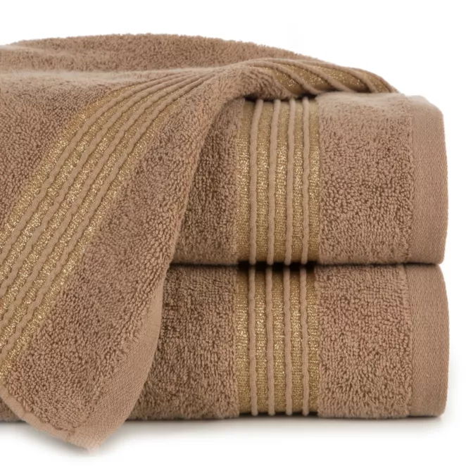 Ręcznik do rąk 30x50 cm bawełniany kolor brązowy zdobiony paseczkami przeszywanymi błyszczącą nicią 500 g/m2 LILA