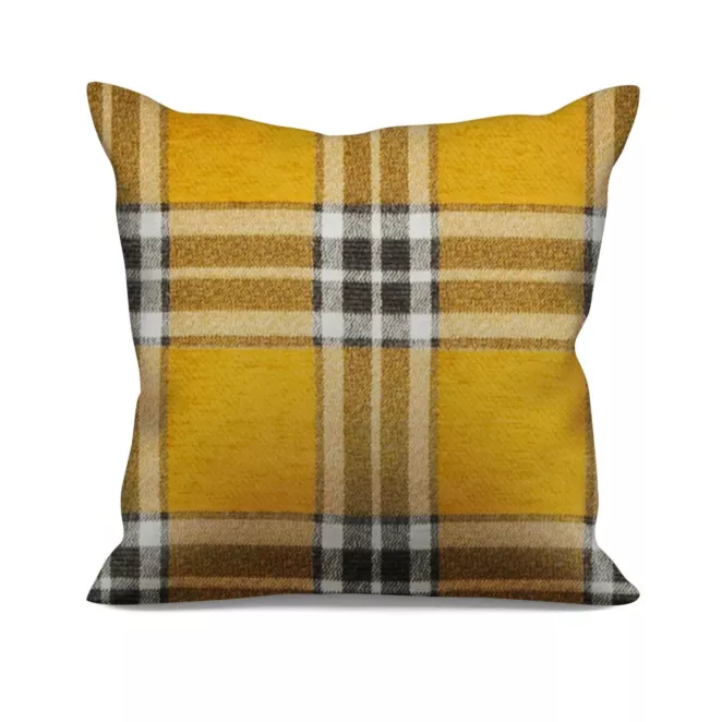 Poszewka szyta musztardowo naturalna z grubej, szenilowej tkaniny w elegancką kratę