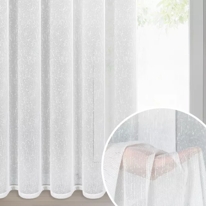 Firana biało, srebrna o strukturze drobnego deszczyku przetykana srebrną nicią 140x270 cm taśma KELLY