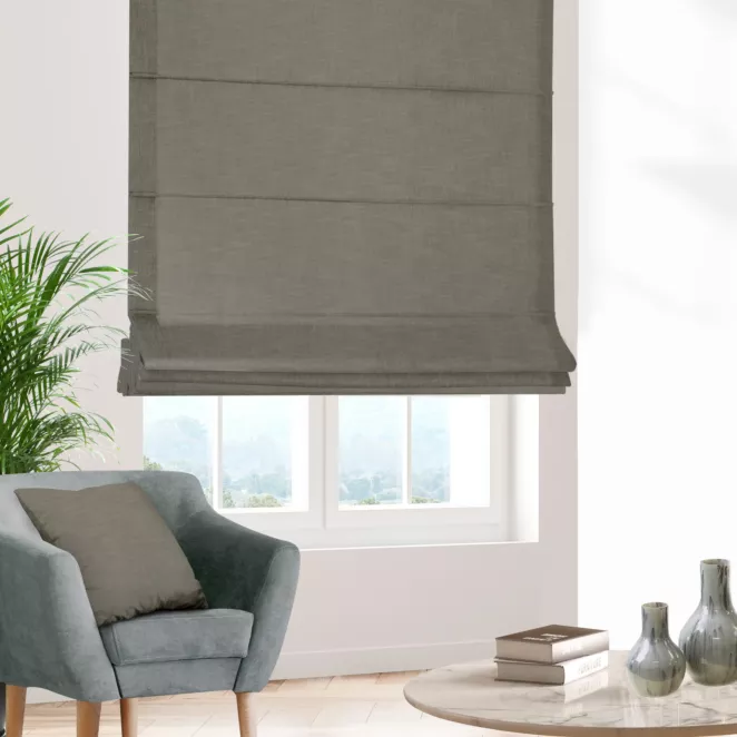 Roleta rzymska IVANA ciemnobeżowa z tkaniny o naturalnym charakterze z lnianym splotem