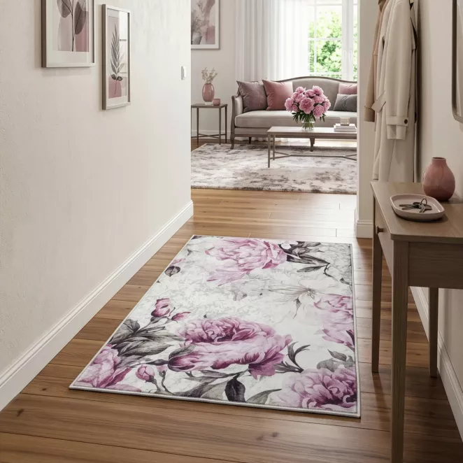 Dywan 80x140 cm różowo, kremowy z motywem kwiatu peonii LOTUS 2