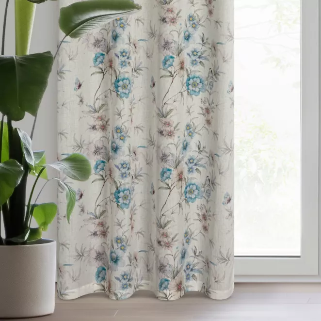 Zasłona naturalno, niebieska zdobiona subtelnymi kwiatami,w stylu eko 140x250 cm przelotka - IVY 1