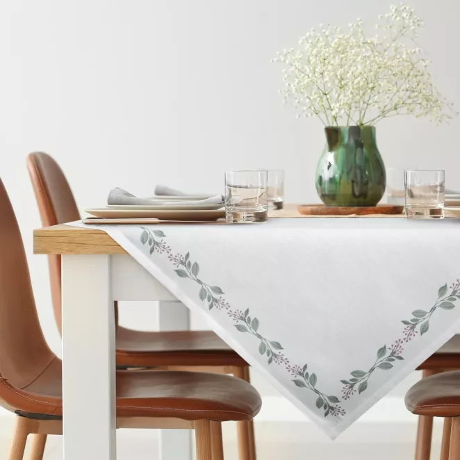 Obrus na stół plamoodporny 85x85 cm biało, zielony z motywem roślinnym - LILY