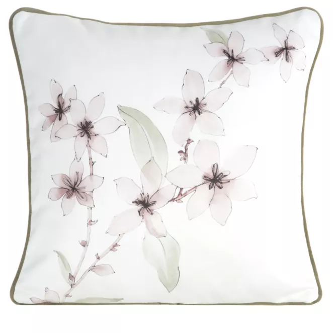 Poszewka na poduszkę dwustronna 45x45 cm welwetowa, biało pudrowa z motywem roślinnym z wypustką na brzegach BIANCA Eurofirany Premium