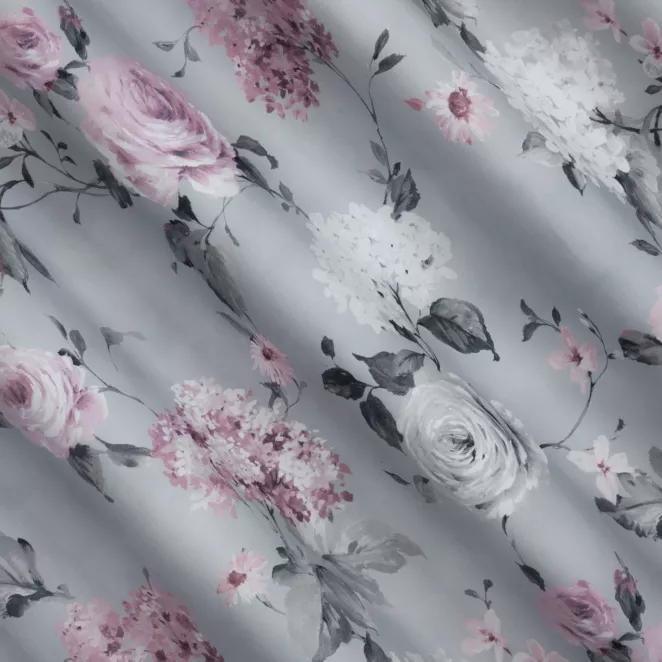 L162/4 Zasłona szyta na taśmie 5 cm szara tkanina z bawełną drukowana w kwiatowy wzór