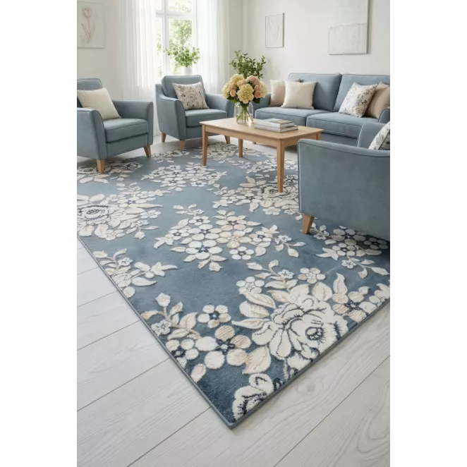 Dywan 60x100 cm niebiesko, kremowy z motywem kwiatów IMPRESIVE 1