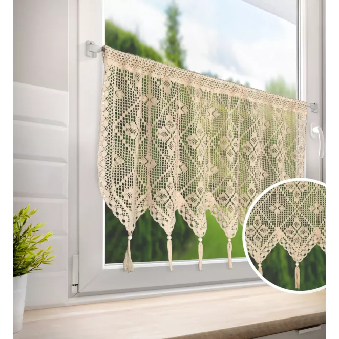 Zazdrostka jasnobeżowa  ażurowa w stylu boho z ozdobnymi chwostami 150x60 cm tunel MARTHA