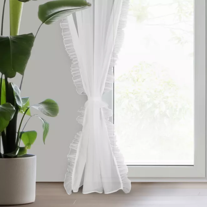 Firana biała z etaminy zdobiona falbanami po bokach tkaniny w zestawie ozdobny troczek 140x270 cm taśma KAREN