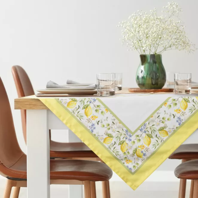 Obrus na stół 90x90 cm jasnokremowo, żółty w letni motyw cytryn  SUMMER 16