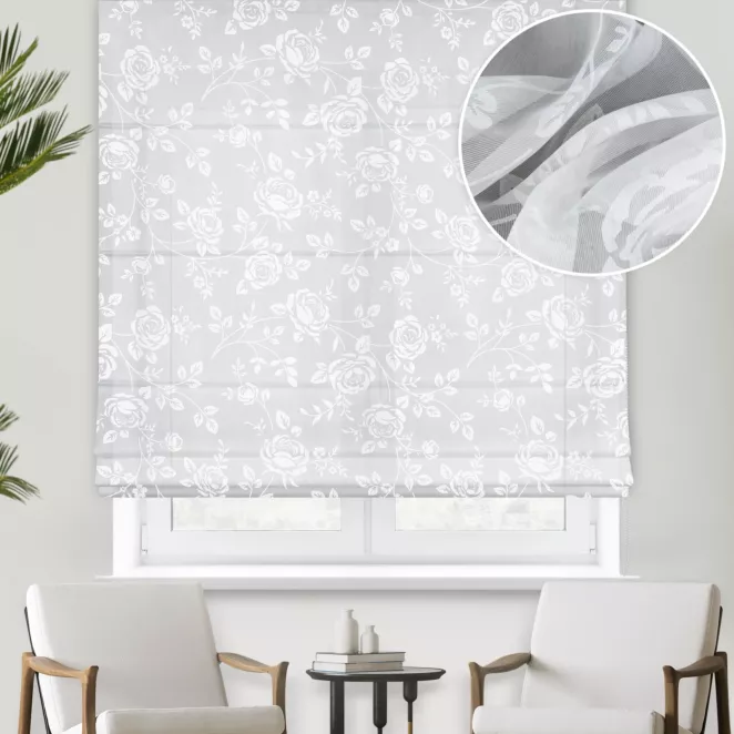 Roleta rzymska biała z tkaniny batystowej z motywem róż