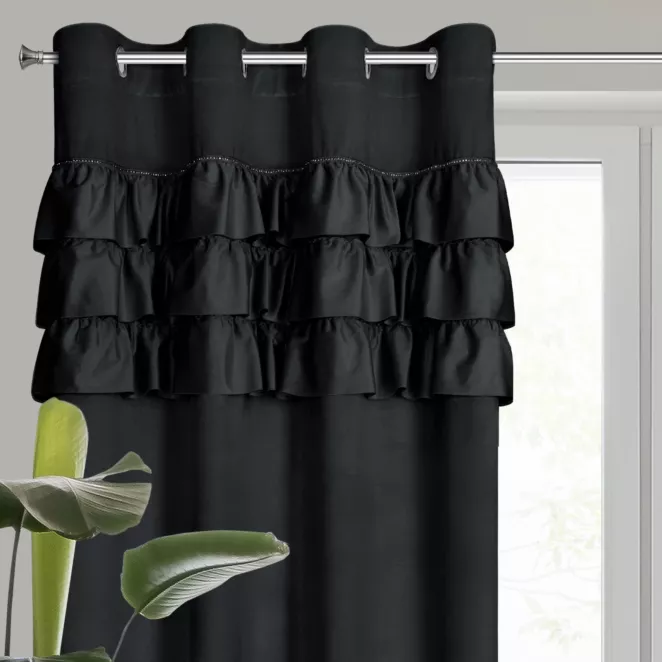 Zasłona welwetowa czarna zdobiona falbanami z 140x250 cm przelotka - SAMI