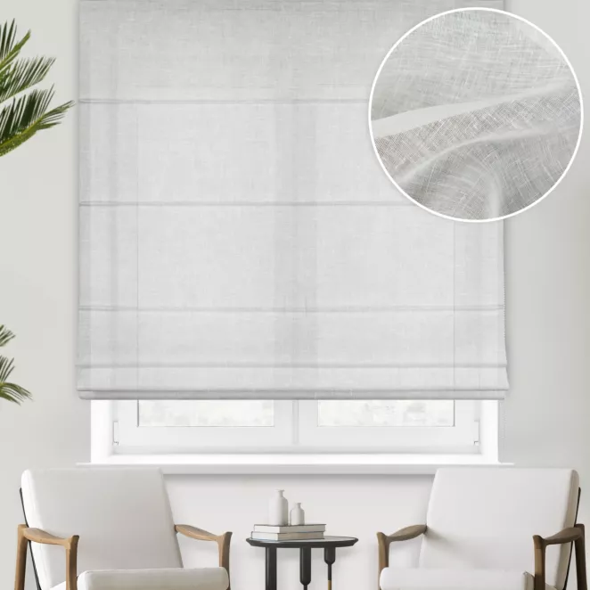Roleta rzymska biała wykonana z naturalnej lnianej tkaniny, matowa, wykończona obciążnikiem