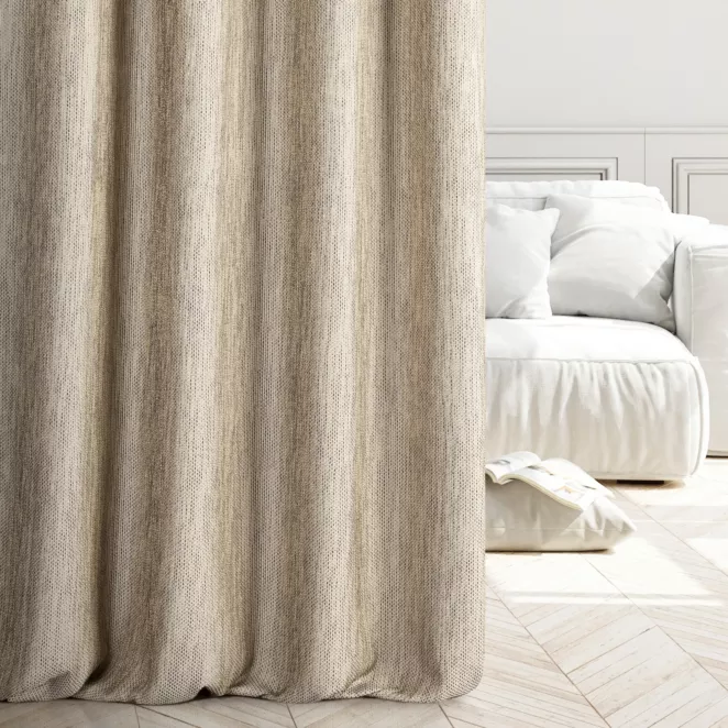 Zasłona szyta na taśmie 5 cm ELLEN beżowo brązowa z grubotkanej tkaniny z efektem dwukolorowej nici i lekkim połyskiem Italissima Eva Minge