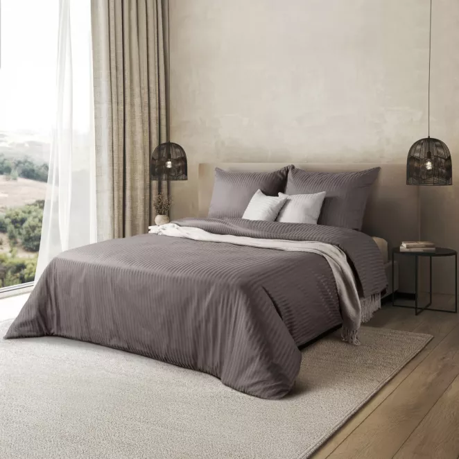 Pościel 160x200 cm satyna bawełniana kolor stalowy w drobne prążki VERA