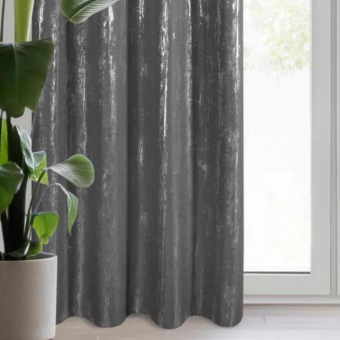Zasłona grafitowo, srebrzysta zdobiona błyszczącym nadrukiem 140x250 cm przelotka - LIBI