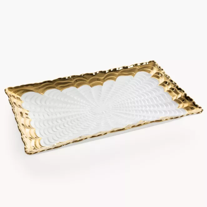 Patera dekoracyjna biało, złota z dekoracyjnym tłoczeniem 32x19x3 cm ESTER