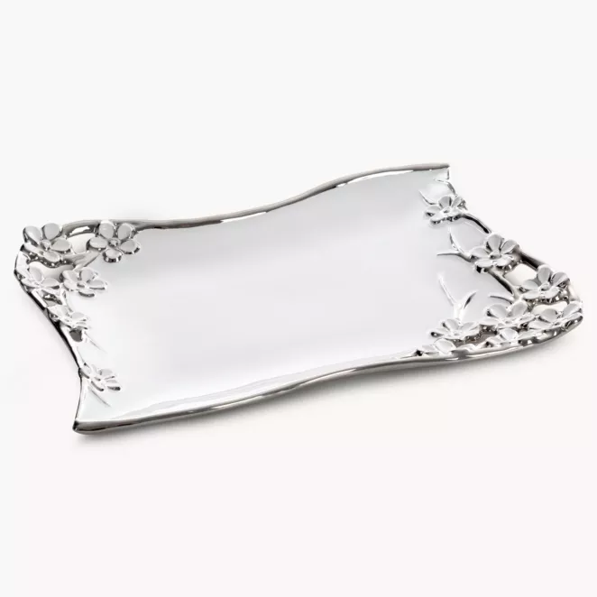 Patera ceramiczna dekoracyjna biało-srebrna zdobiona drobnymi kwiatuszkami 36x26x4 cm KARIN