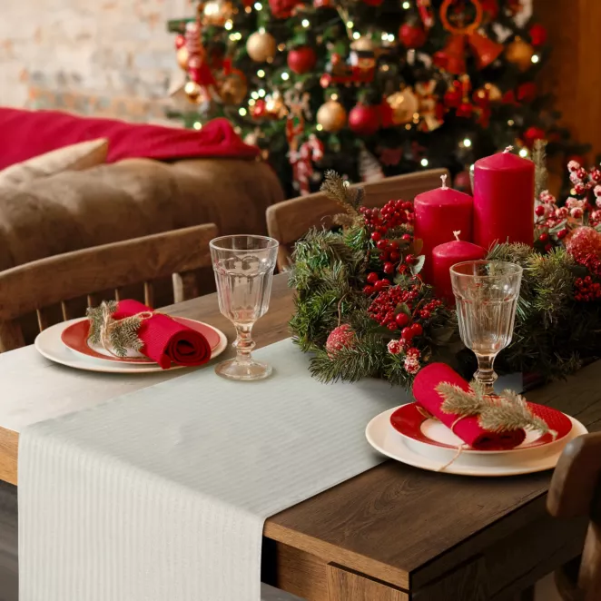 Bieżnik na stół naturalny 40x140 cm z żakardowej tkaniny FLASH świąteczny w prążki przetykany szampańską nicią