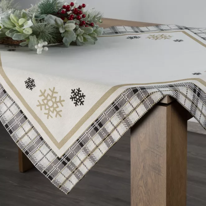 Bieżnik na stół naturalno, czarny 90x90 cm gobelinowy ANGEL z motywem kraty i śnieżynek