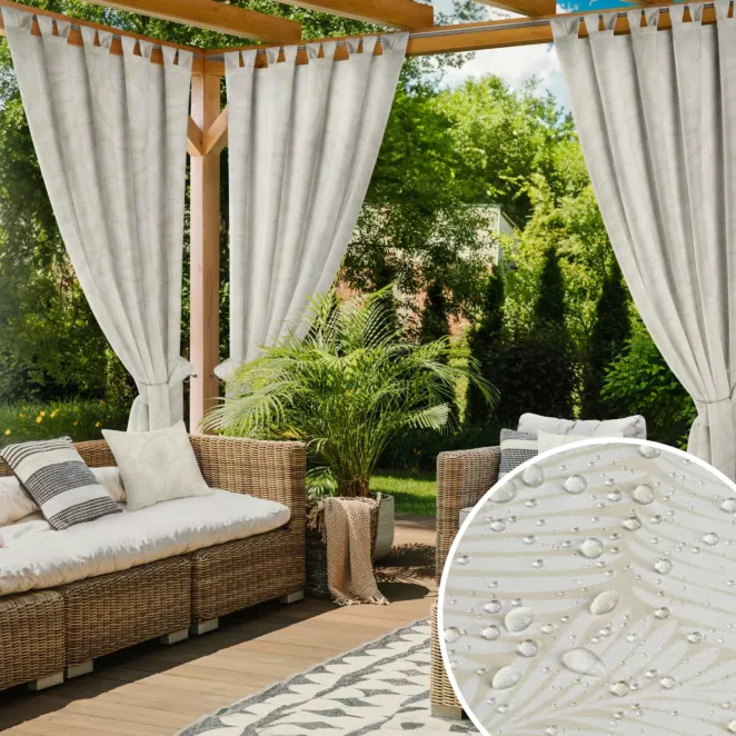 Zasłona biało, beżowa z wodoodpornej tkaniny idealna do ogrodu i na taras 155x220 cm szelki/rzep GARDEN