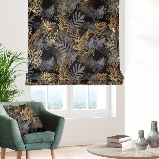 Roleta rzymska czarno grafitowa miękka, welwetowa, z błyszczącym nadrukowanym motywem botanicznym i złotymi elementami