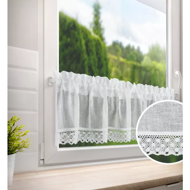 Zazdrostka biała z etaminy zdobione szeroką koronką, styl rustykalny 150x30 cm tunel LISA