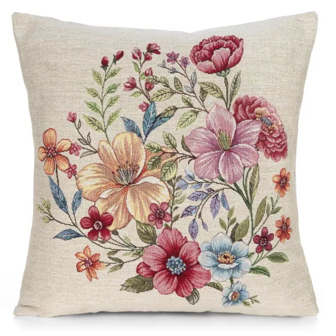 Poszewka na poduszkę 45x45 cm gobelinowa naturalno różowa z tkanym motywem roślinnym