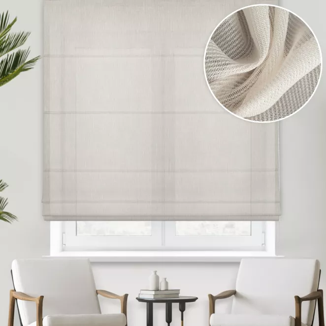 Roleta rzymska kremowa z matowej siatki o naturalnym wyglądzie, wykończona obciążnikiem