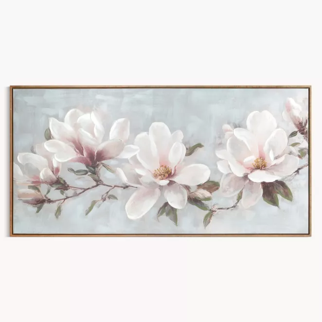 Obraz kremowo, jasnoróżowy ręcznie malowane magnolie 120x60 cm