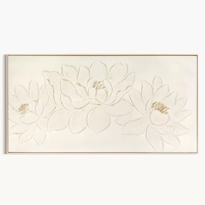 Obraz kremowo, złoty ręcznie malowany na płótnie z motywem strukturalnych kwiatów oprawiony w ramę 62x122 cm