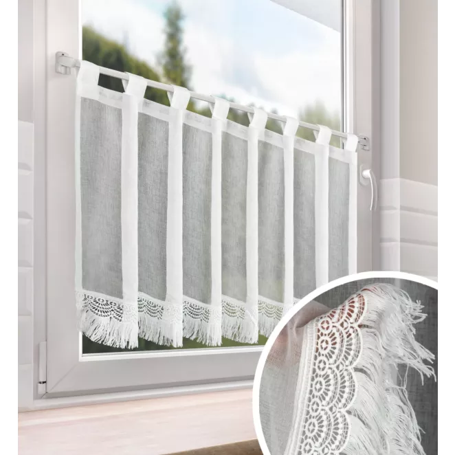 Zazdrostka biała z etaminy zdobiona gipiurą z frędzelkami 60x150 cm szelki ROXANA