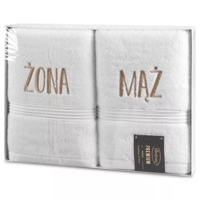 Zestaw ręczników bawełnianych na prezent 2 szt 50x90 cm kolor biały z haftem ŻONA MĄŻ