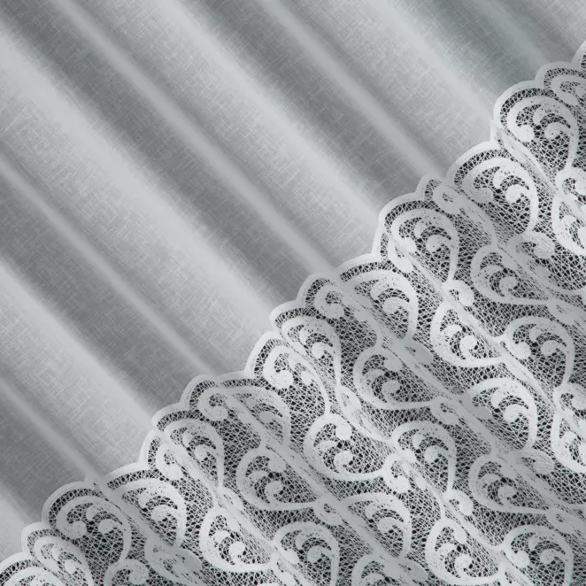 E15/1 Firana szyta na taśmie 5 cm naturalna z matowej etaminy, zdobiona dołem szerokim pasem fantazyjnej aplikacji Italissima Eva Minge