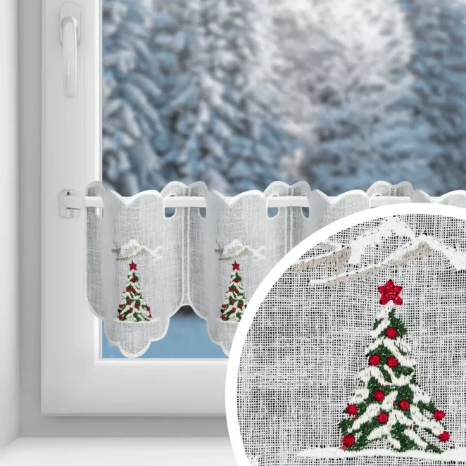 Tkanina firanowa zazdrostka z etaminy zdobiona świątecznym haftem