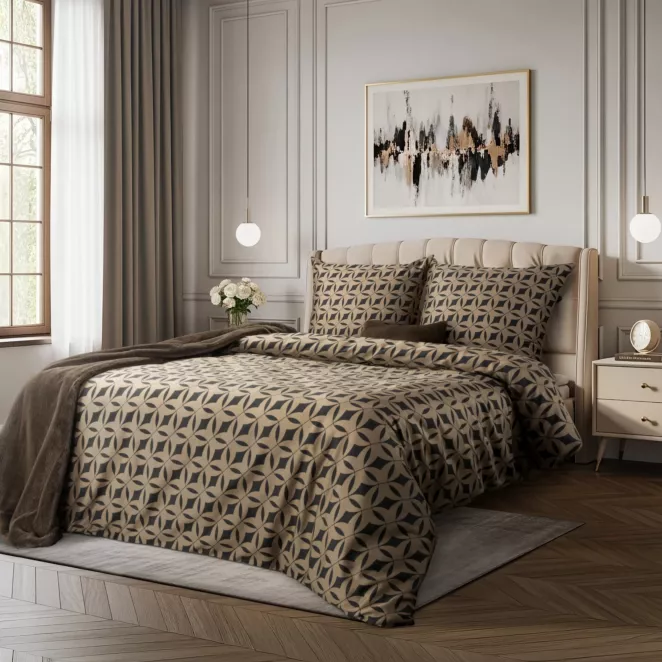Pościel 160x200 cm z makosatyny bawełnianej kolor ciemnobrązowy, jasnobrązowy z motywem geometrycznym REINA 52 - kolekcja VULCANO