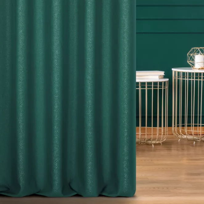 Zasłona szyta na taśmie 5 cm ciemnoturkusowa z tkaniny z dodatkiem połyskującej nici, z widocznym ozdobnym splotem